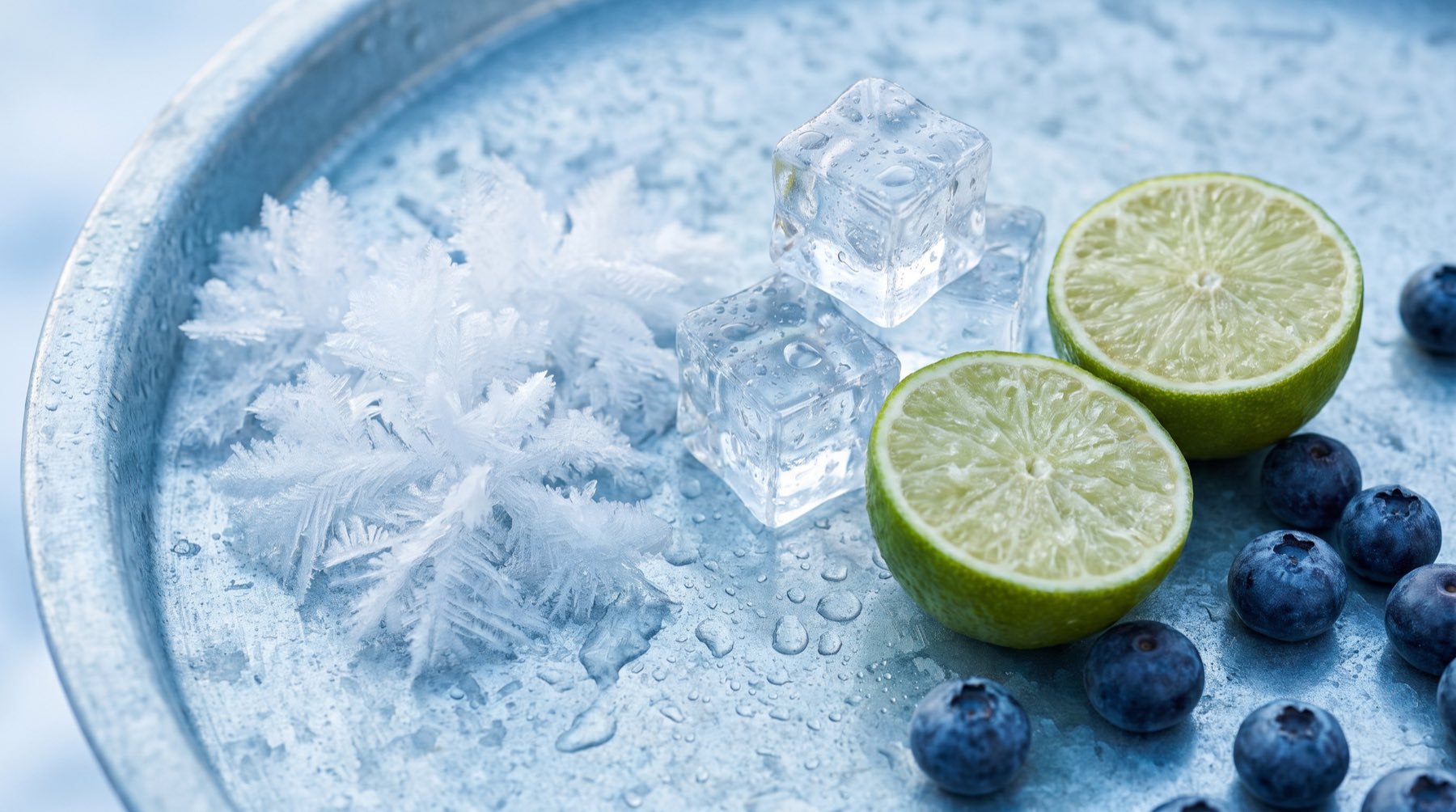 Halved limes, blueberries and clear ice cubes with frost crystals on a cold pale blue metal surface